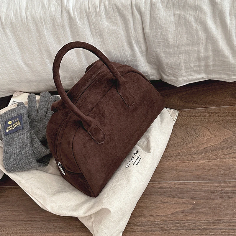 复古鹿皮绒保龄球包包小众2024新款简约手提包通勤包小方包