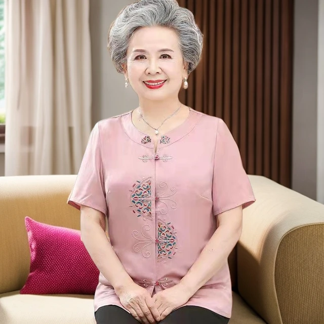 中老年女装老人老人装夏季唐装衬衫短袖薄款开衫宽松老太太中国风