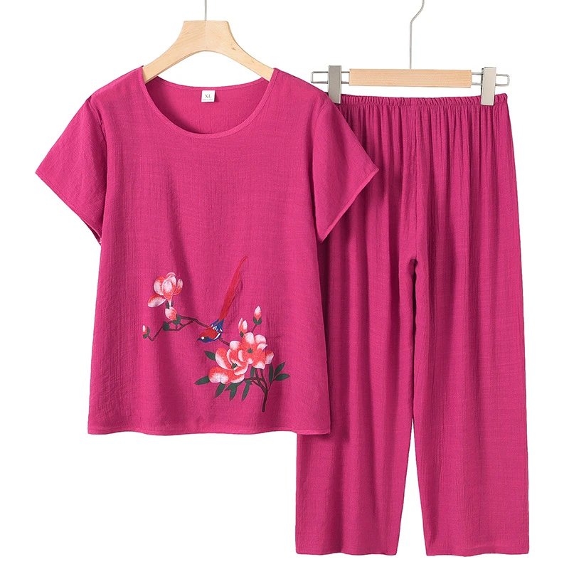 老年人夏装夏季套装印花女妈妈短袖宽松老人夏天衣服奶奶装两件套
