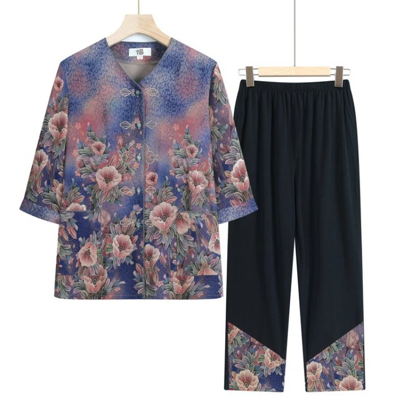 中老年人女装妈妈夏装七分袖衬衫60-70岁奶奶春装两件套老人衣服