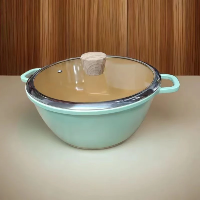 高颜值24cm茶色玻璃盖珐琅汤锅海鲜锅【绿色】