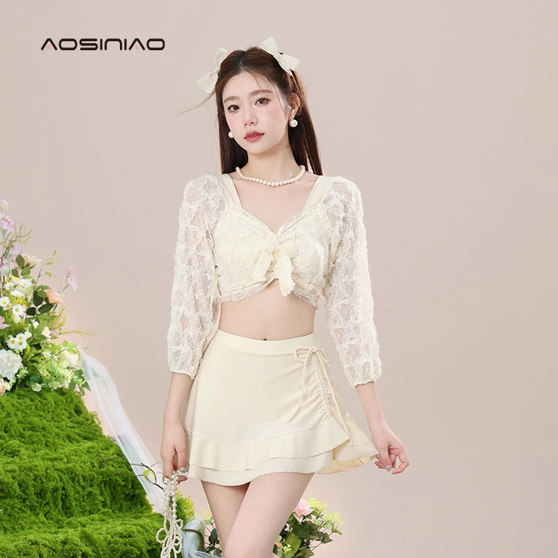 朵乐滋分体泳衣女2024新款夏高级保守显瘦遮肚长袖平角小胸游泳装