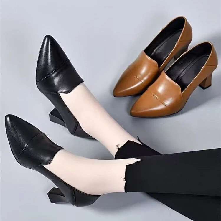 单鞋女春秋真皮夏季女鞋中跟小皮鞋2024年春季新款尖头粗跟职业鞋