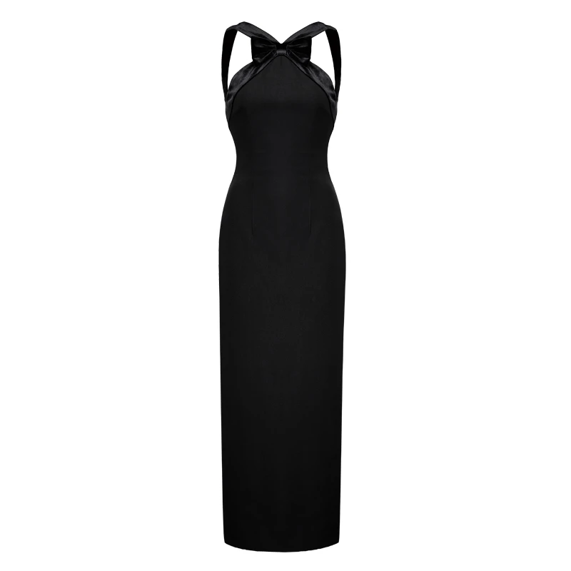 黑色交叉领肩带连衣裙