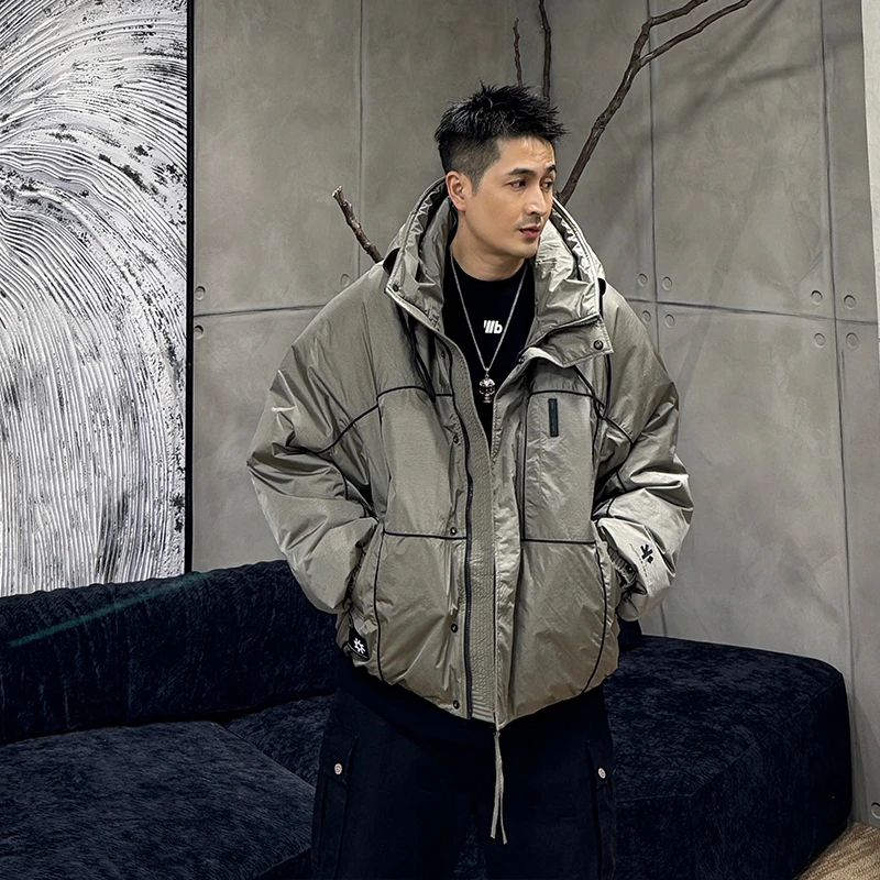 到位男装冬季时尚户外三防压胶反光尼龙连帽羽绒夹克外套24600