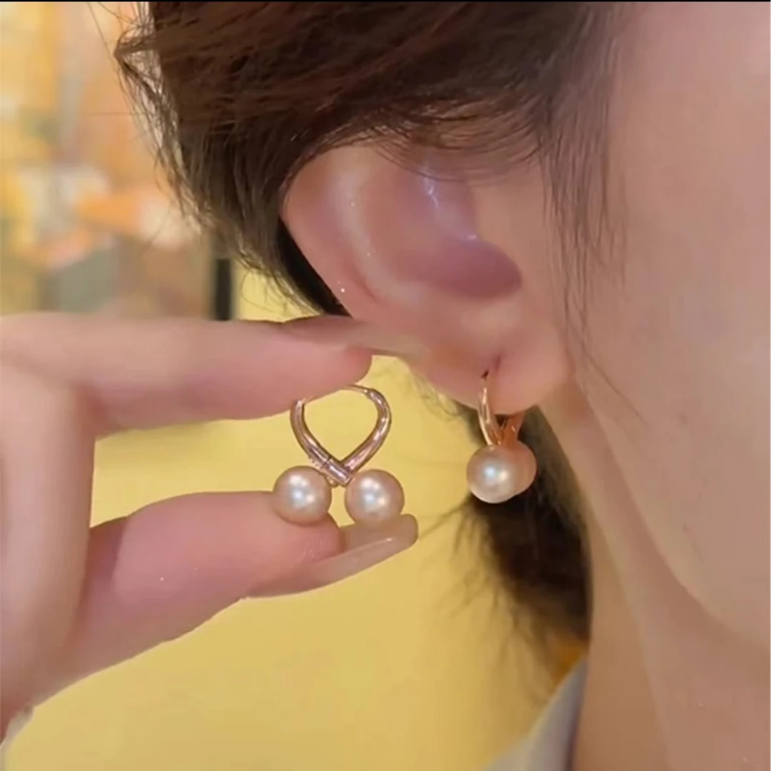 铜合金耳饰 925银针仿珍珠高级感法式复古交叉珠珠爱心耳扣轻奢