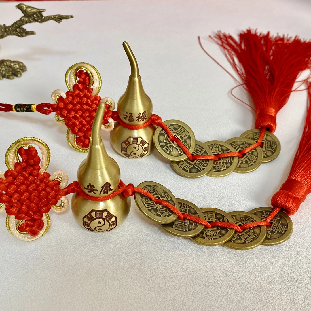 【黄铜高端定制加厚加大五帝钱 】铜葫芦刻字刻图吉祥结中国结挂件
