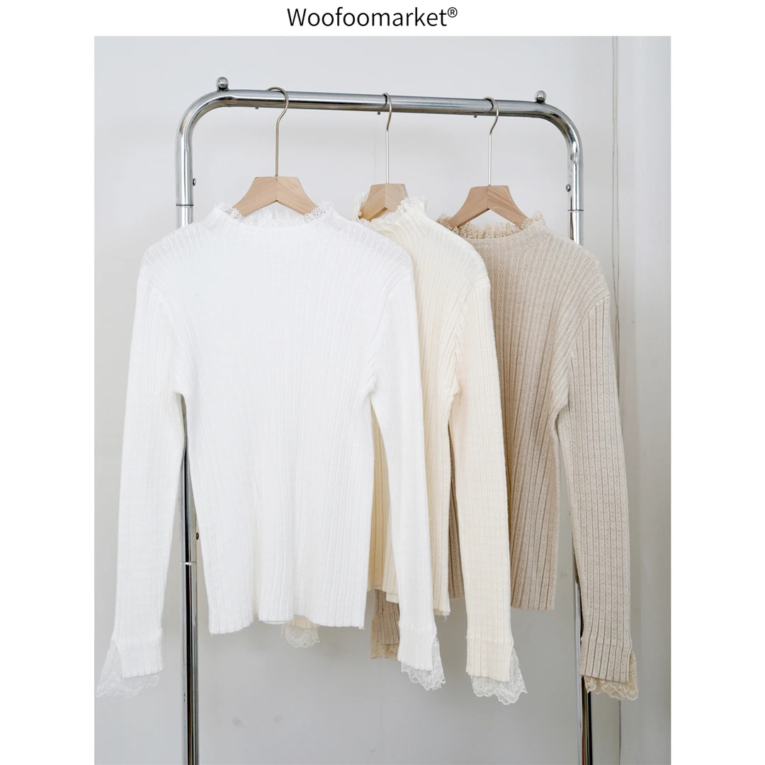 清！【海街日集】蕾丝拼接假两件竖坑条针织衫女秋冬小个子 MY408