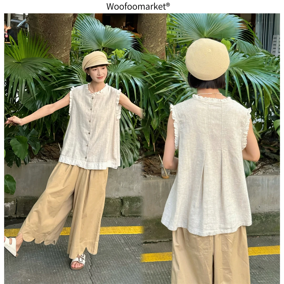 清！【海街日集】木耳花边拼接苎麻小衫无袖上衣女夏季 CY512