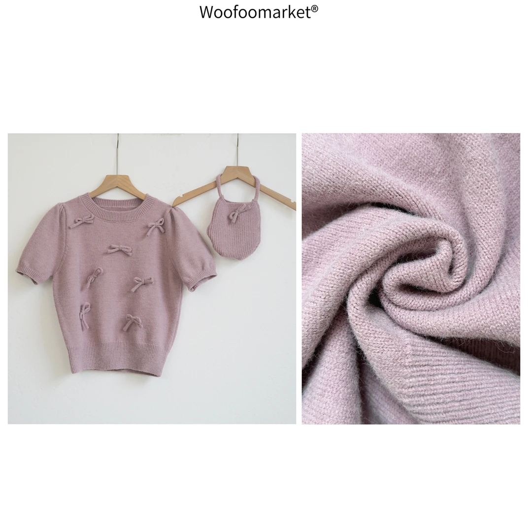 清！【海街日集】立体蝴蝶结圆领泡泡袖毛衣女秋季/小手袋 MY257