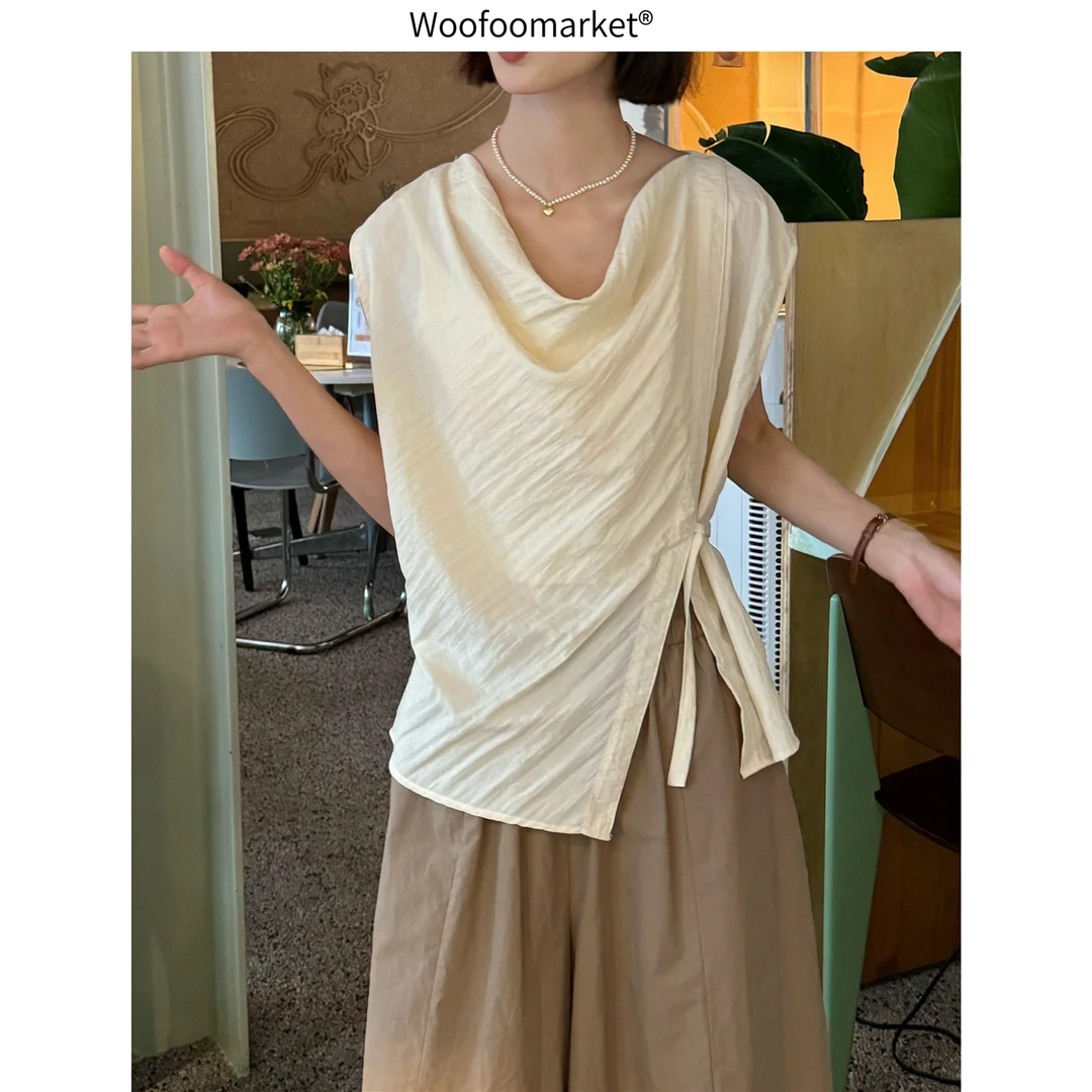 【海街日集】不规则设计感系带荡领无袖上衣女夏季 CY469