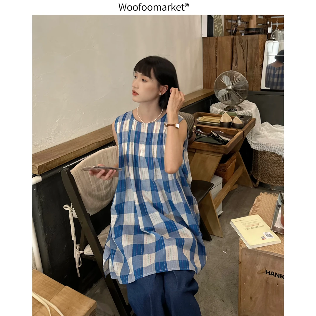 清！【海街日集】复古打褶蓝格纹无袖背心裙女夏季森系薄款 CY516