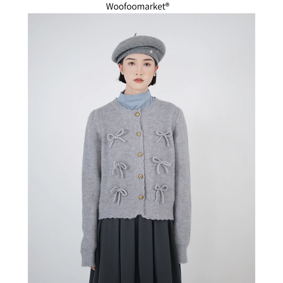 【海街日集】蝴蝶结温柔毛衣开衫女秋冬圆领小个子针织外套 MY188