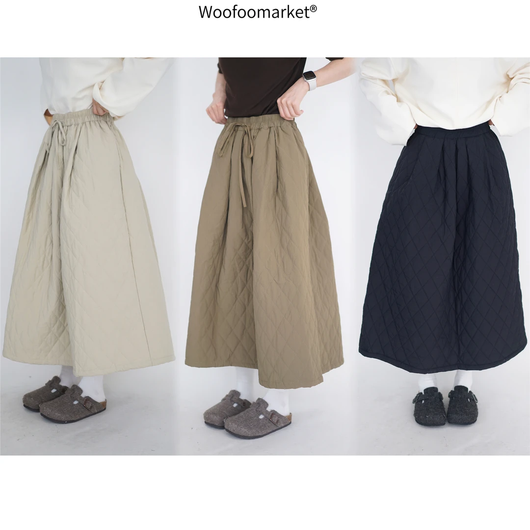 【海街日集】松紧腰绗棉夹棉a字裙女冬季复古小众保暖半身裙 QZ118