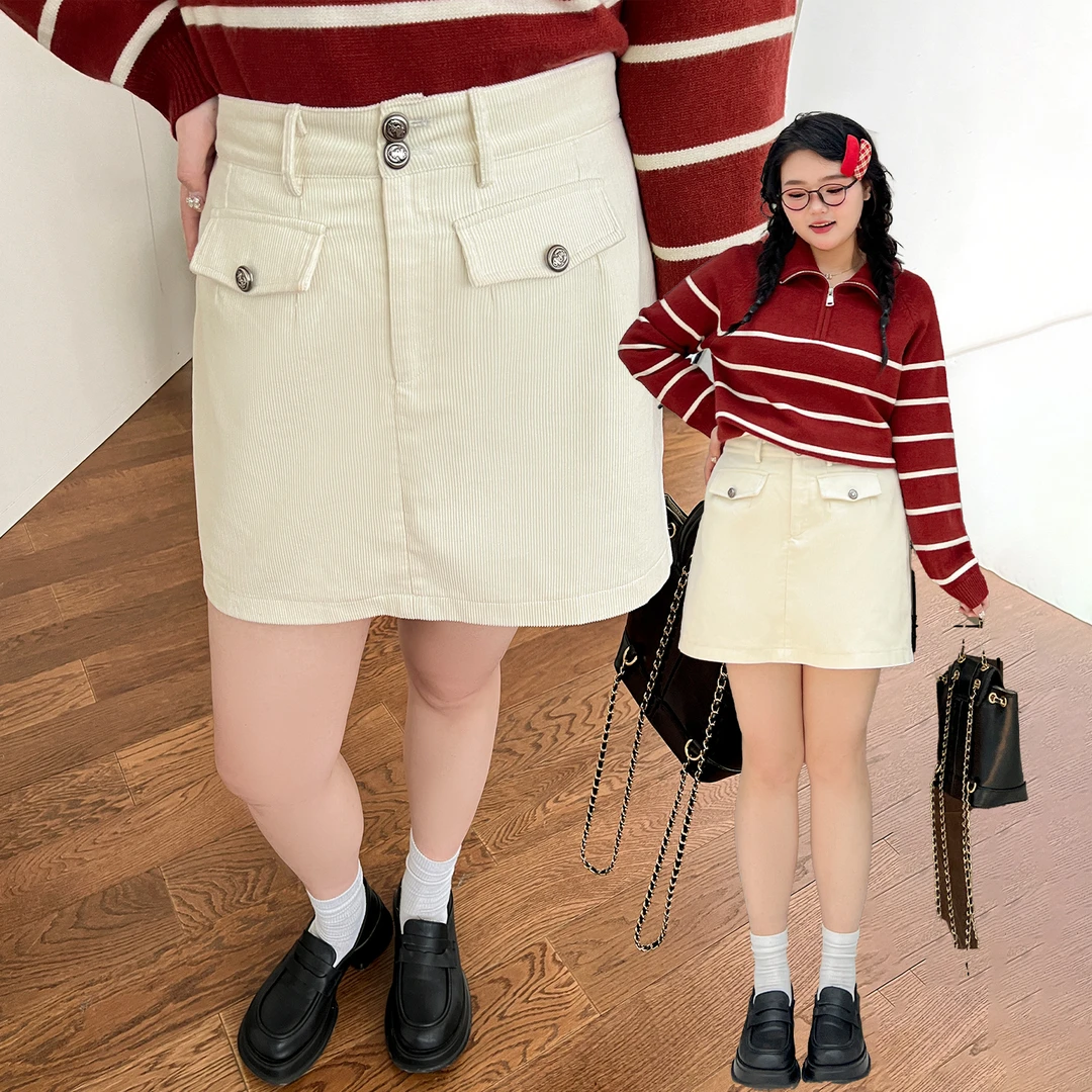 清-2400大码百分百女冬高腰遮胯A字短裙灯芯绒半身裙