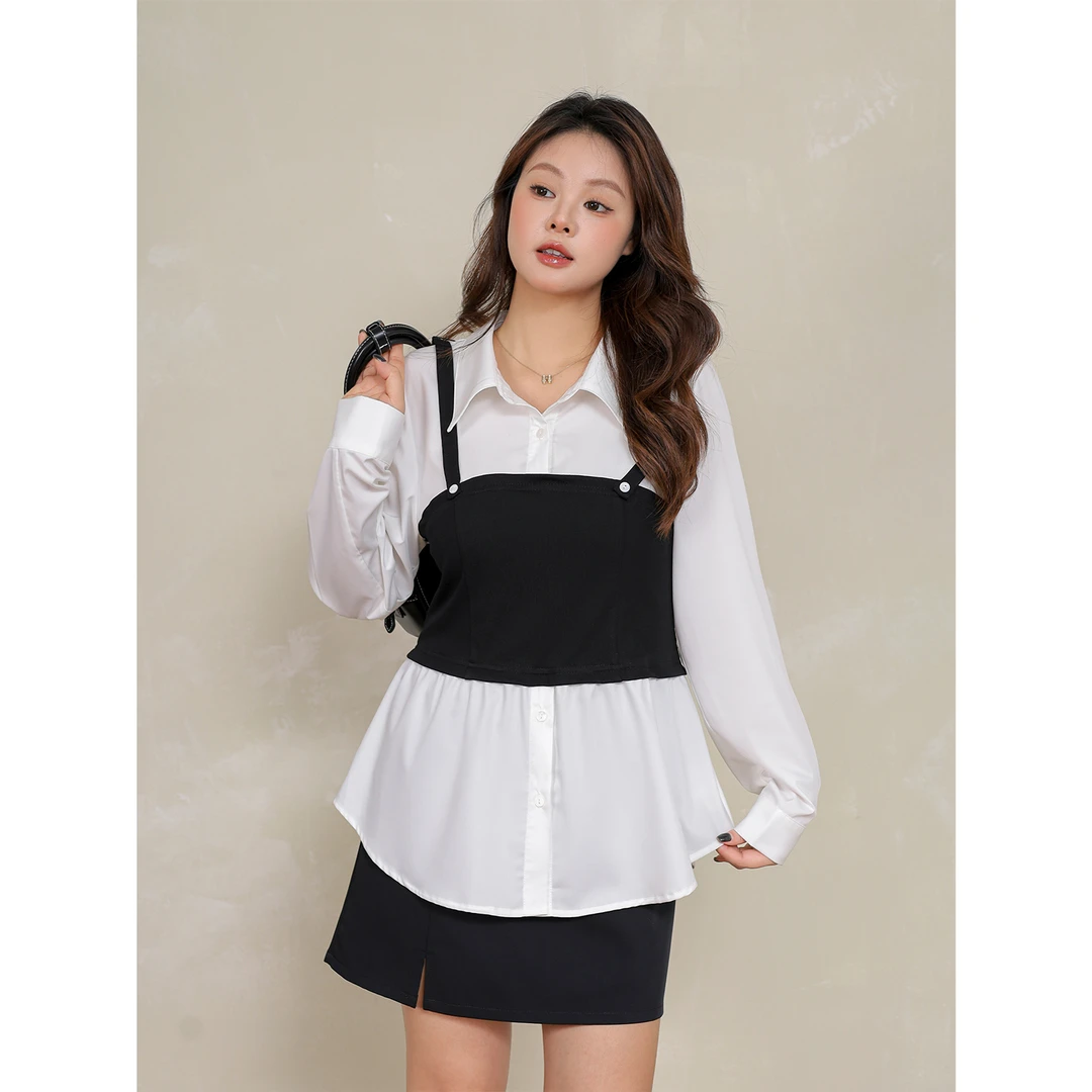 清-2302大码百分百秋季假两件显瘦气质长袖时尚小众拼接雪纺衫