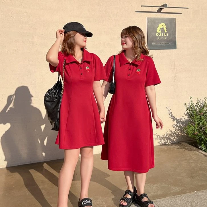 102大码/草莓汽水 夏季休闲收腰长短板polo领连衣裙女装