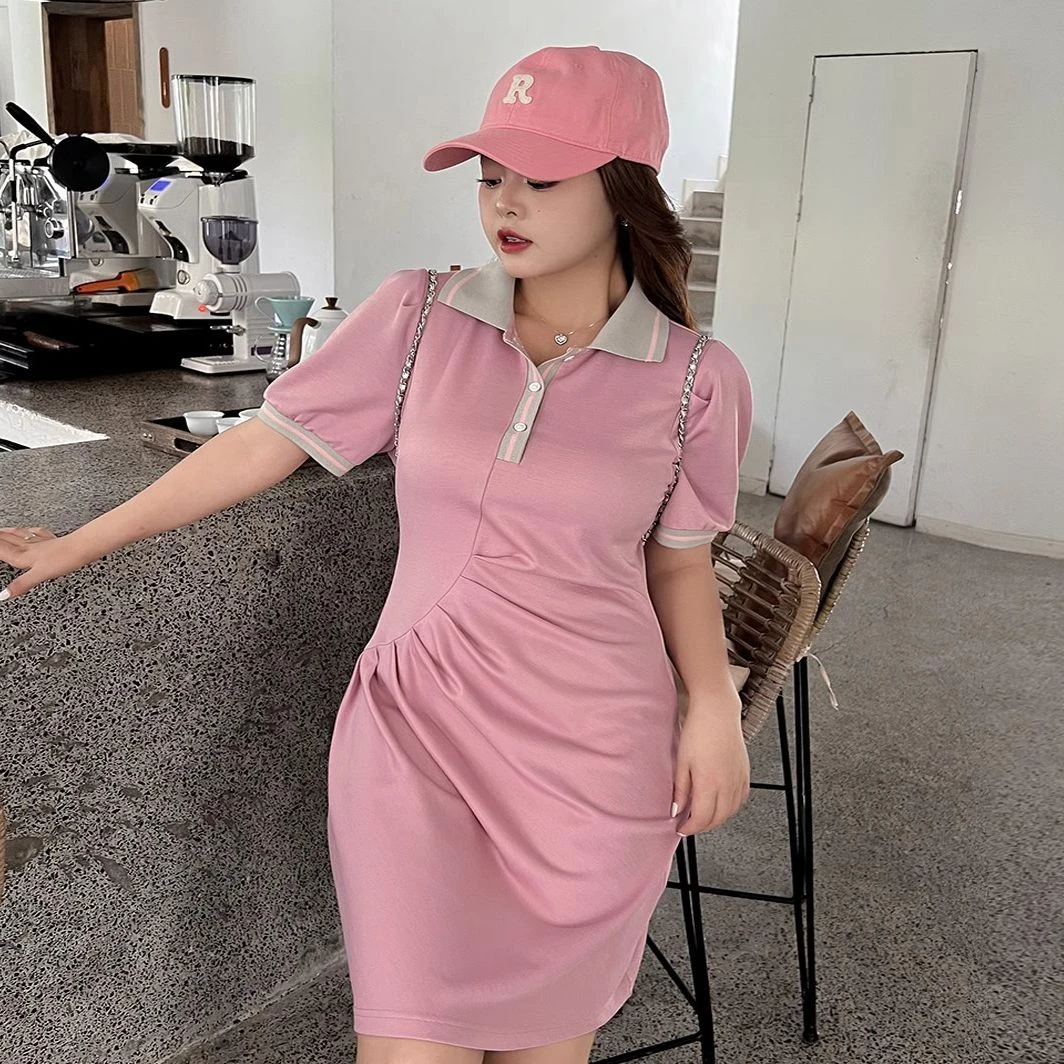 071大码/返校学姐 修身撞色拼接polo领连衣裙女