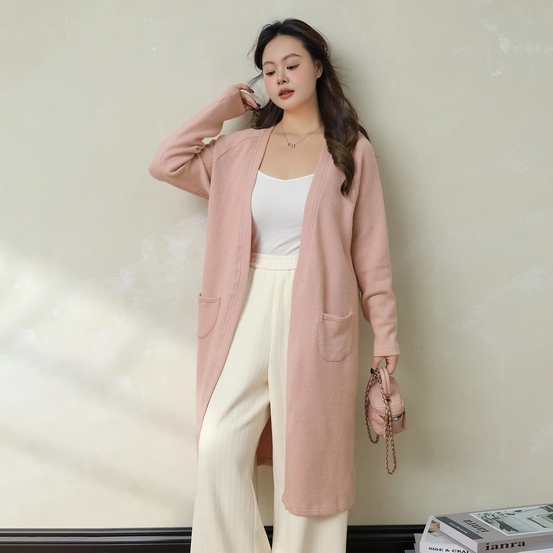 清-大码百分百女装秋季宽松中长款针织开衫2034