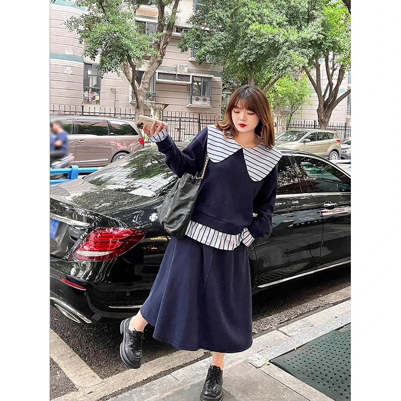 055大码/2022秋季新款女装微胖mm妹妹显瘦假两件针织半裙套装