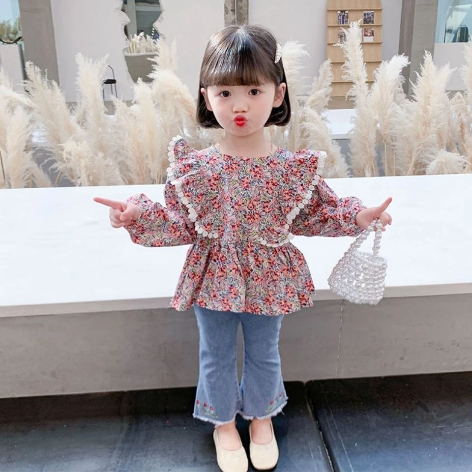 2025女童网红碎花衬衫春秋款新款女宝宝荷叶边上衣小女孩秋季衣服