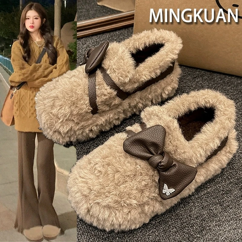 法式玛丽珍毛毛鞋女外穿加绒保暖懒人一脚蹬秋冬新款乐福豆豆棉鞋