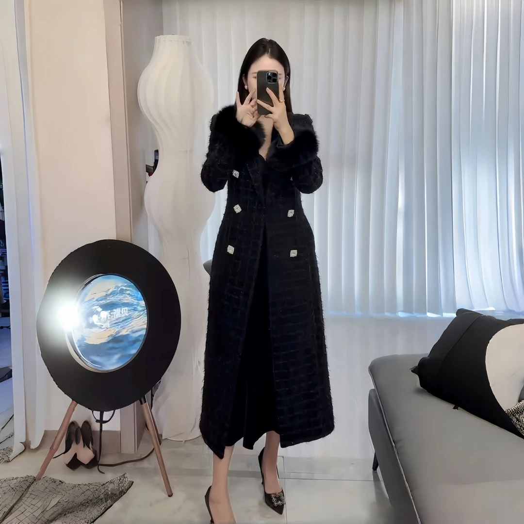 气质亮片毛呢大衣小香风中长款加厚亮丝秋冬轻奢袖口狐狸毛大衣女