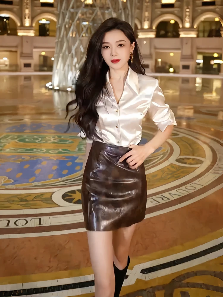 气质白衬衫显瘦洋气职业气质女神范时尚百搭长袖醋酸缎面修身衬衫