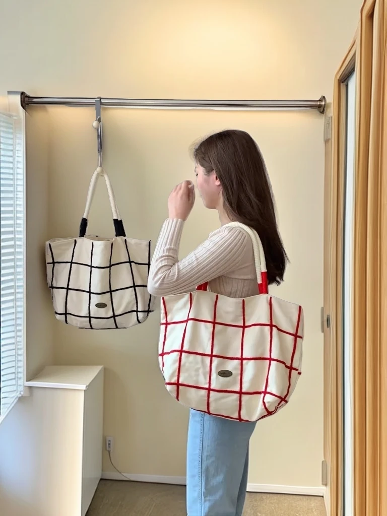 新款撞色黄粉格子拉链字母单肩撞色大容量托特包帆布包包女