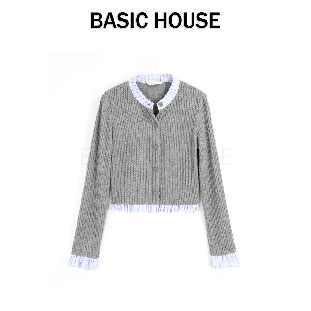 Basic House/百家好25新款春季气质长袖时尚拼接圆领显瘦针织衫