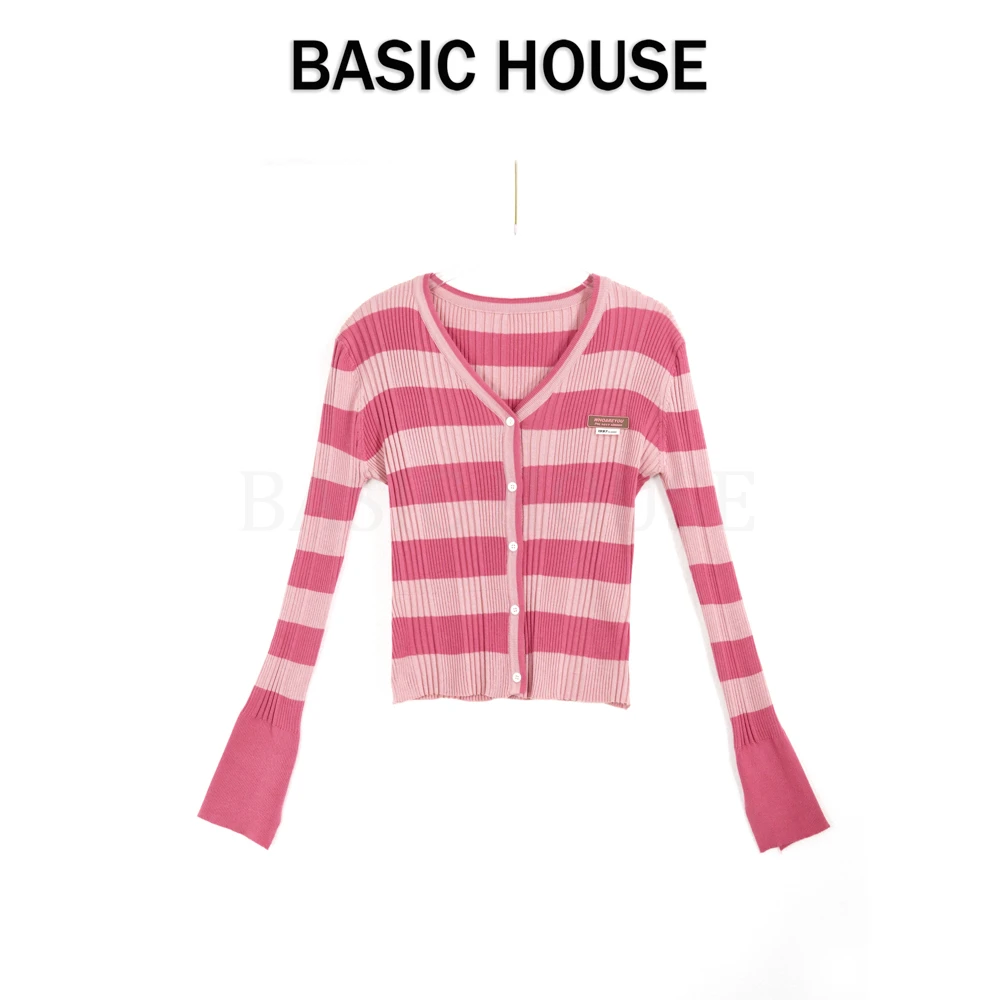 Basic House/百家好韩版粉色条纹针织衫女秋冬2024新款修身显瘦