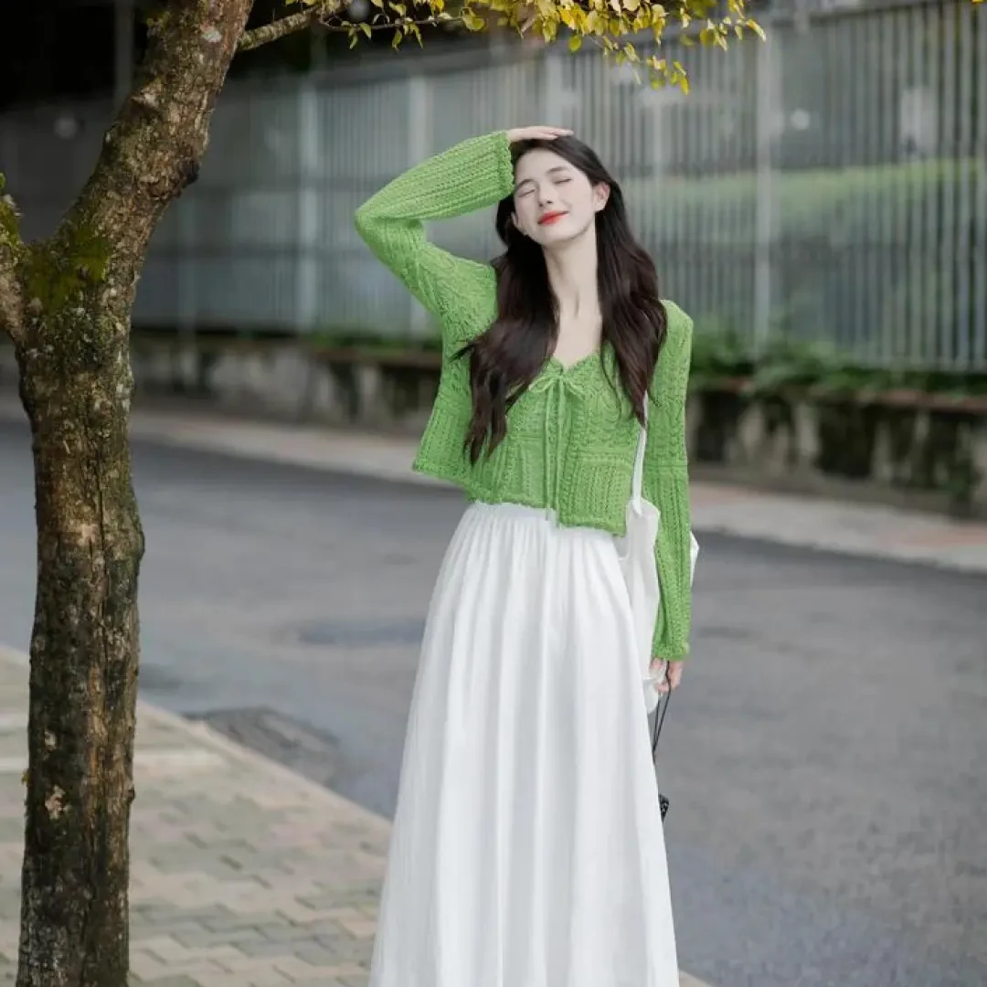 2024入秋一整套女气质高级感针织衫上衣背心显瘦百搭半身裙三件套