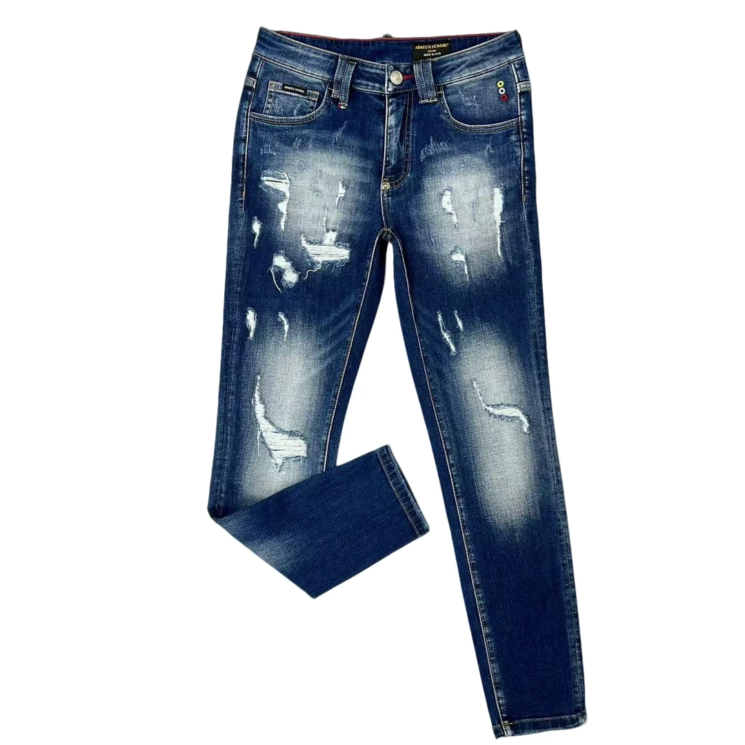 植物水洗破洞男牛仔裤复古蓝色时尚修身直筒男士裤子春夏百搭舒适