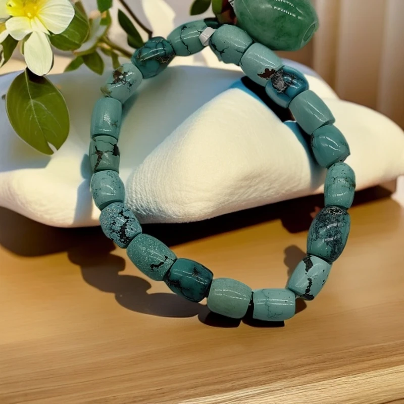 黄铜石英石手链 高瓷女款百搭复古手工古法时尚桶珠手串0.8蓝绿蓝