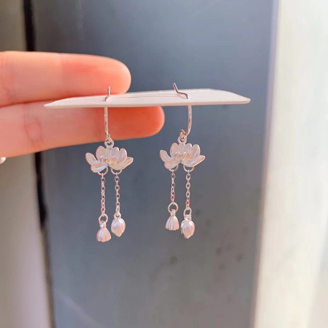 足银耳饰 足银莲花气质时尚手工超仙仙女甜美耳环