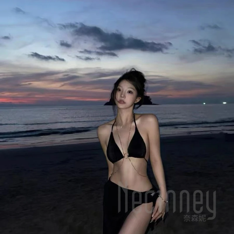 晚风夏季欧美辣妹赖赖泳衣同款链条网红沙滩度假性感bikini泳衣