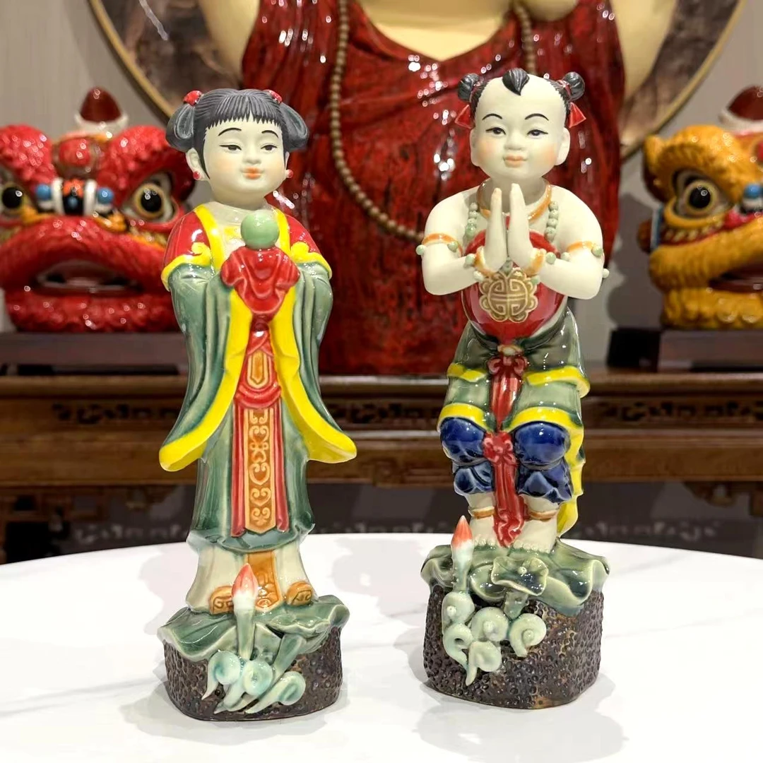 善财童子金童玉女龙女玉女娃娃陶瓷观音侍从护法佛像家用家居摆件
