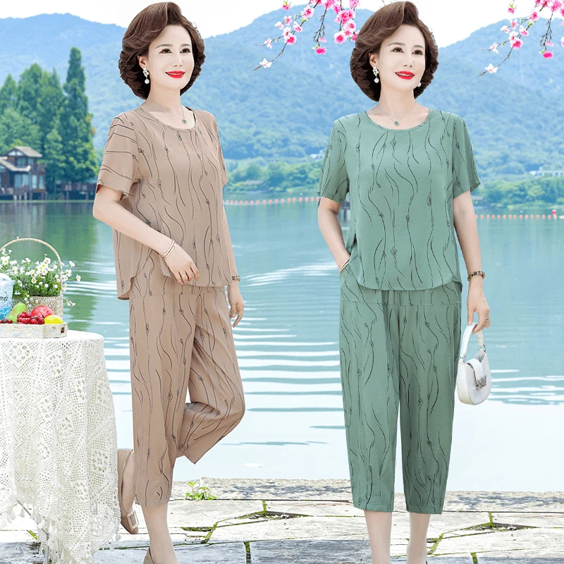 中老年妈妈夏装大码套装女夏季宽松T恤小衫老太太短袖上衣两件套