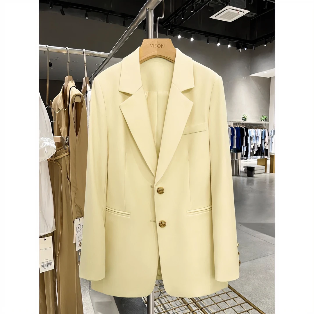 2024新款春秋季奶黄色金属扣西装外套女气质女神范百搭简约小西服