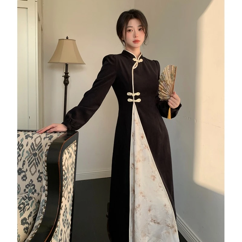 大码改良旗袍新中式立领连衣裙女春季新款胖mm显瘦国风复古长裙子