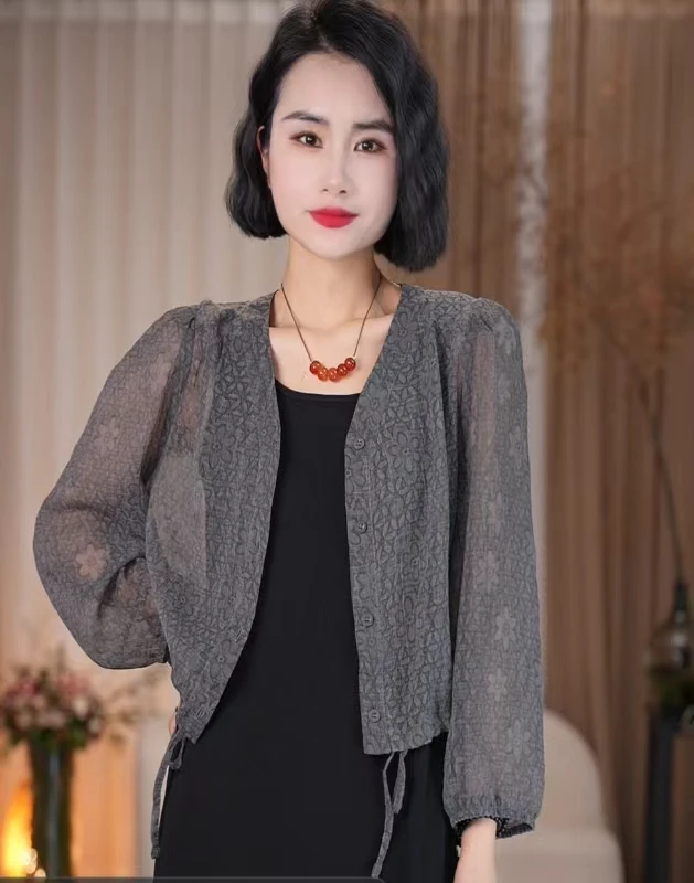 【孜禾】春夏新款上衣外披琉璃纱防晒印花开衫休闲显瘦气质百搭减龄
