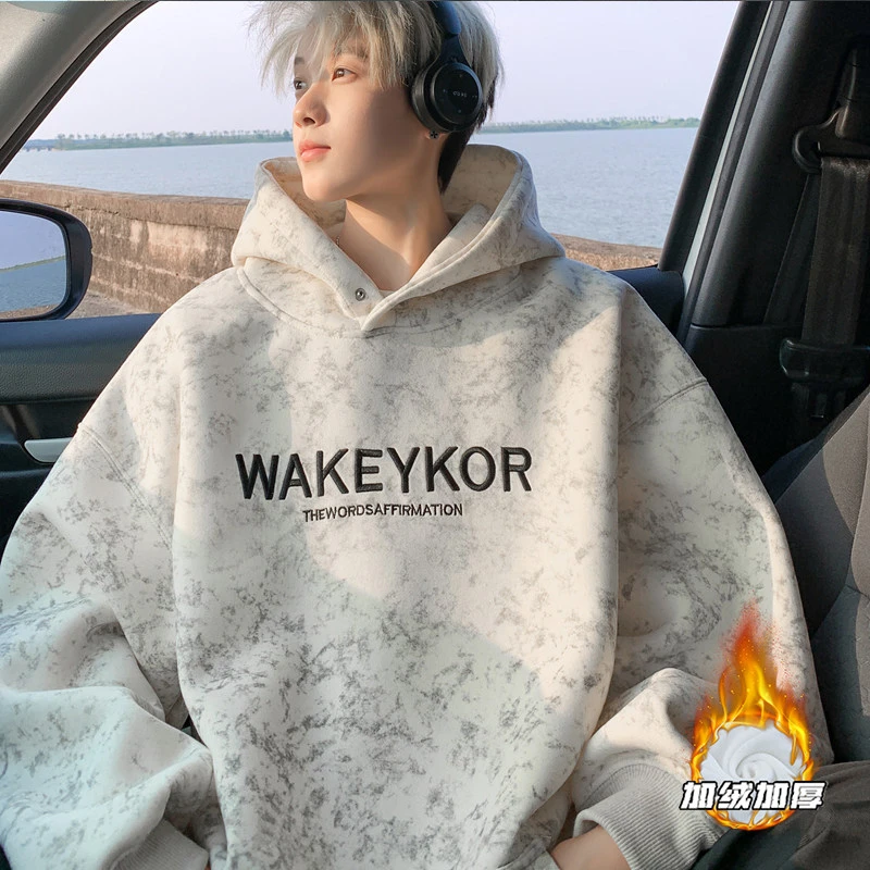 扎染重磅连帽卫衣男士春秋季新款刺绣套头外套复古潮牌宽松连帽衫