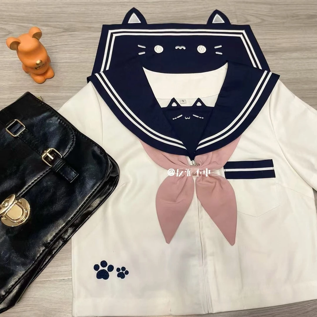 原创jk【懒喵日记】水手服套装日系百褶裙制服学生猫咪小个子学院风