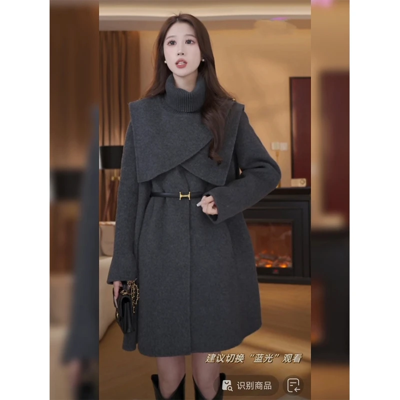 女神范时尚设计感外套气质修身显瘦可拆卸斗篷中长款毛呢大衣冬装