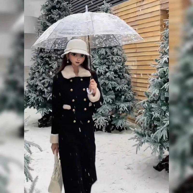 2024冬季新款小香风气质毛毛拼接毛呢外套高腰显瘦阔腿裤两件套女