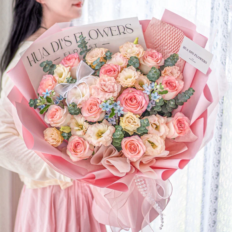 11朵爱莎玫瑰香槟洋桔梗蓝星花混搭花束