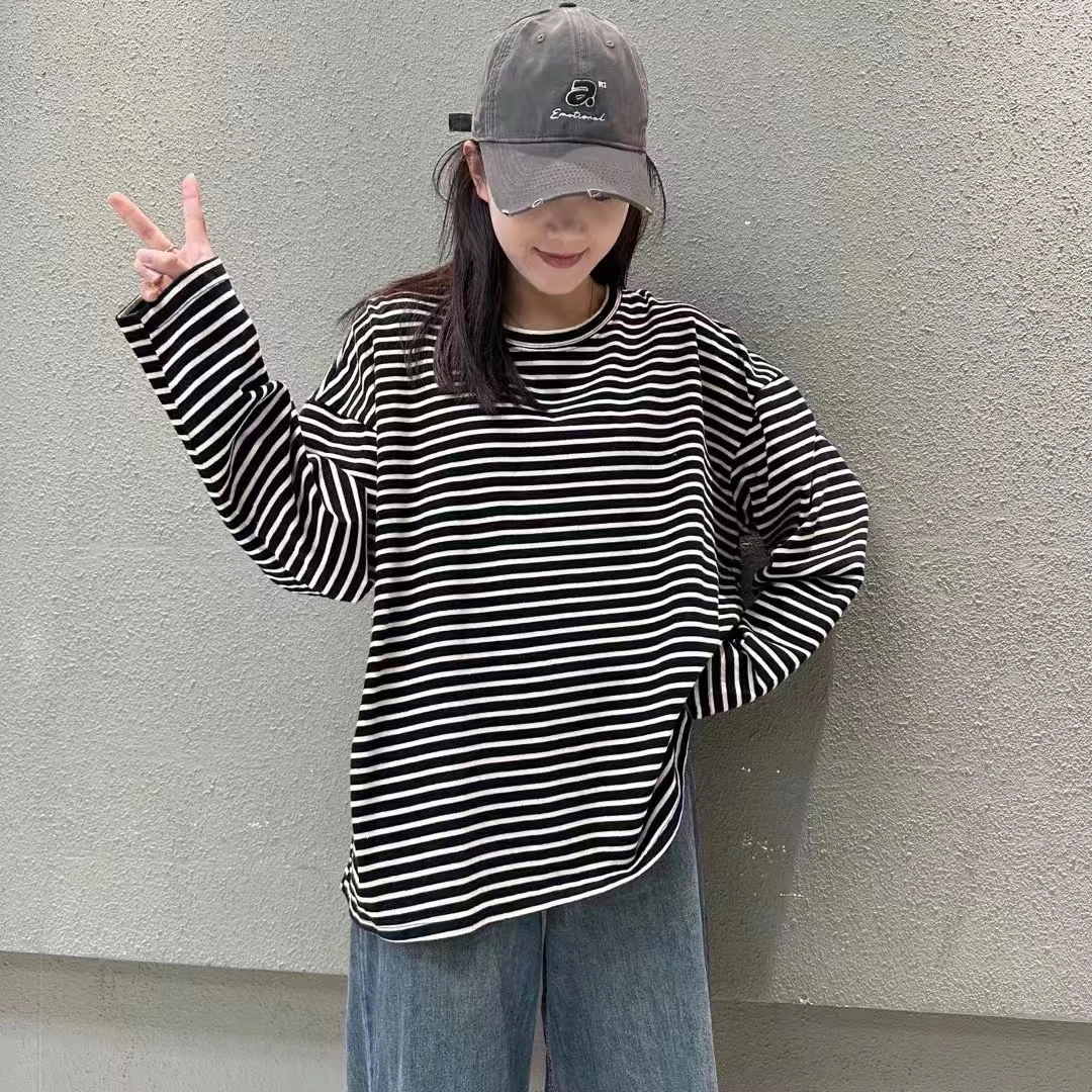 大码秋季休闲时尚宽松显瘦百搭洋气长袖条纹T恤0656（120-200）