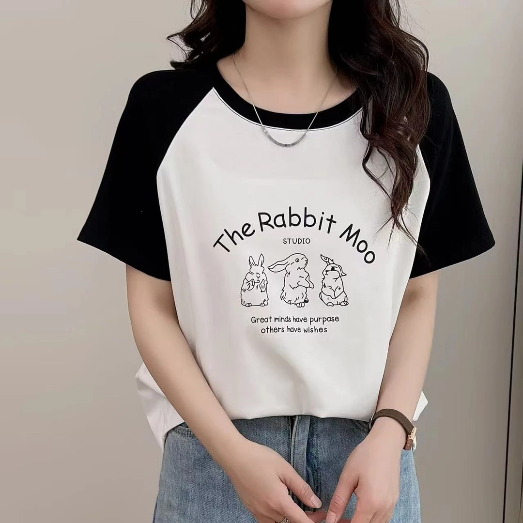 大码女夏季休闲时尚显瘦百搭宽松印花圆领短袖T恤629(110-200斤)
