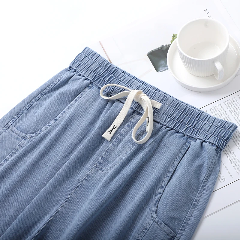 浅蓝色天絲直筒牛仔裤大码加长版阔腿裤松紧