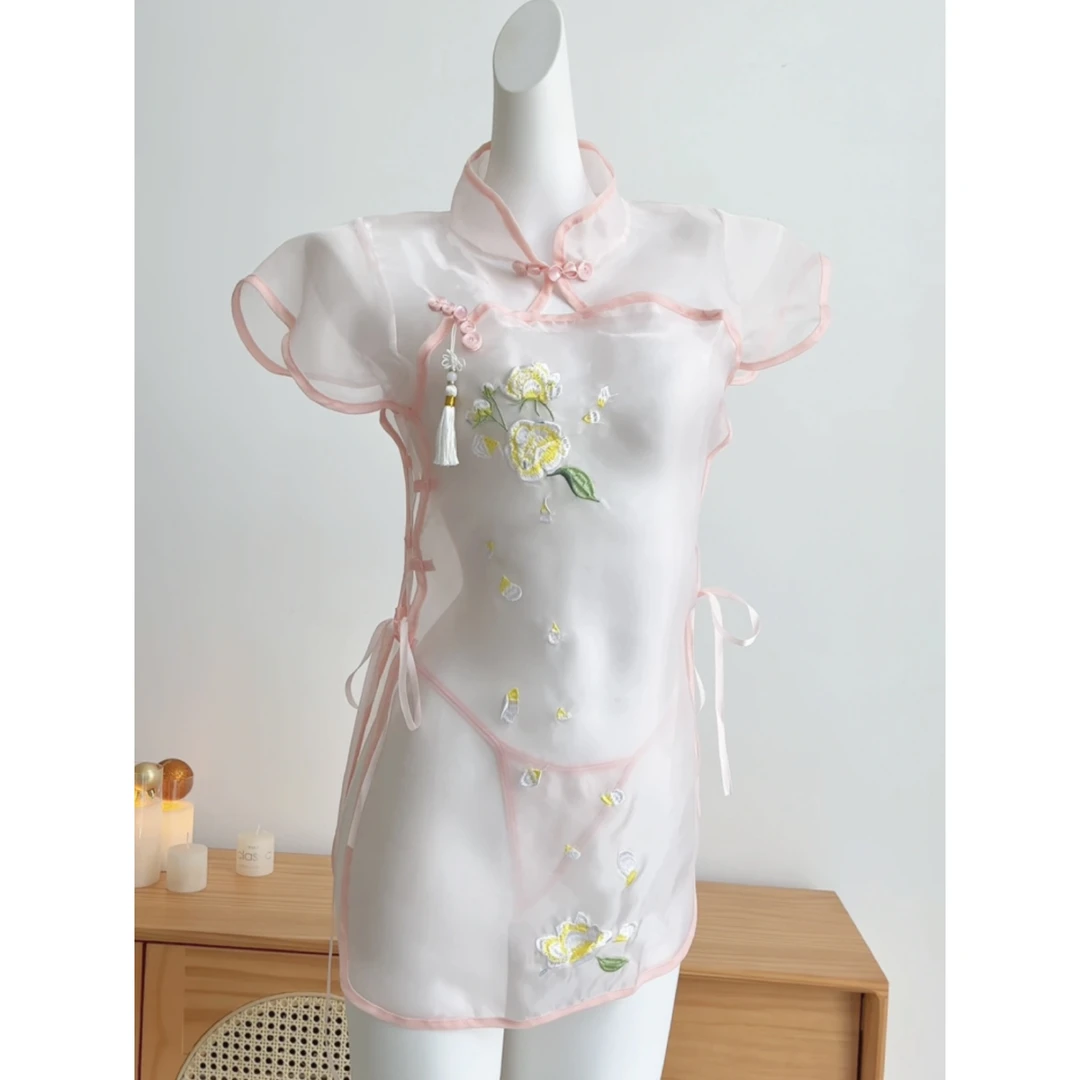 新中式套头女睡衣旗袍刺绣网纱睡裙无束缚睡衣软糯家居服民国风